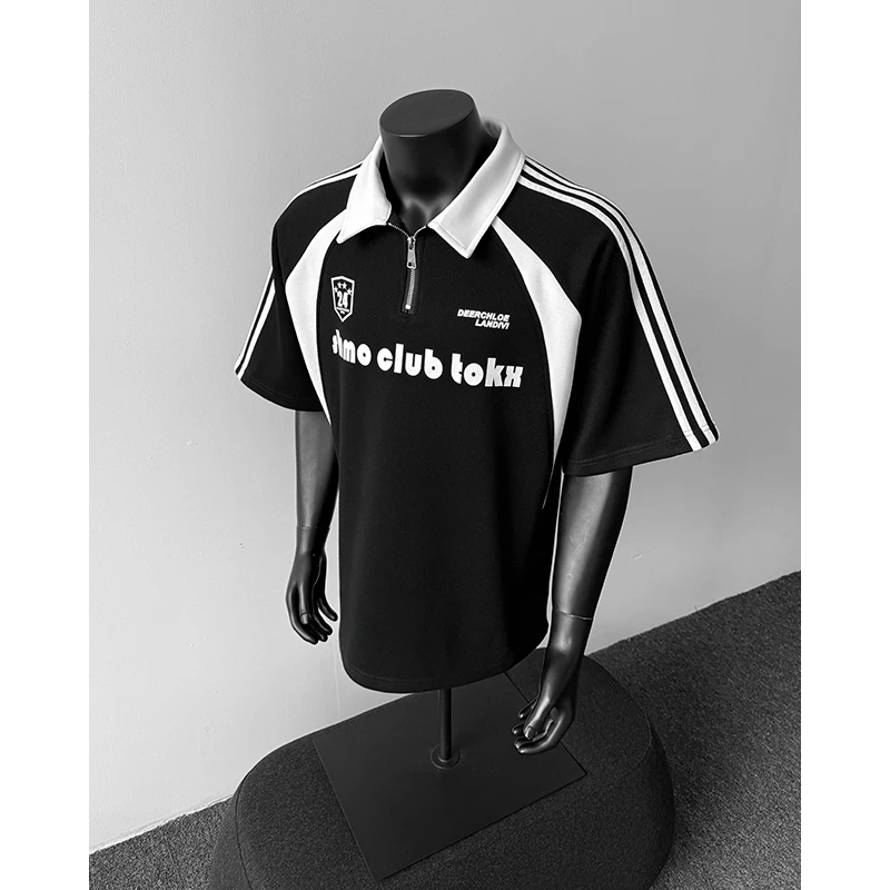 美式半拉链polo衫短袖t恤潮男夏季拼接字母印花落肩袖体恤上衣服