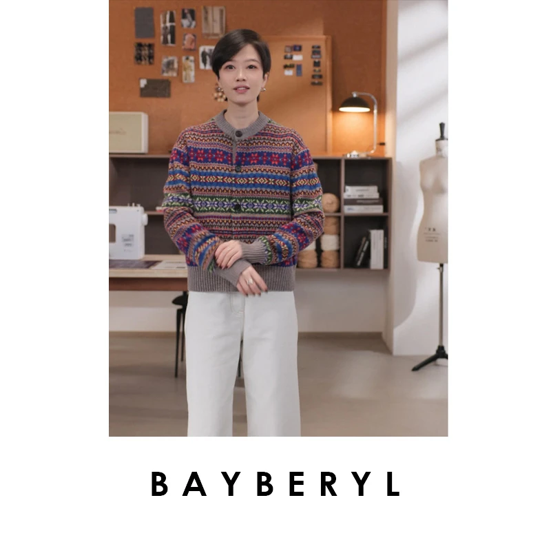 BAYBERYL老贝劳伦费尔岛提花复古圆领秋针织开衫ZZS5I1201-10/19