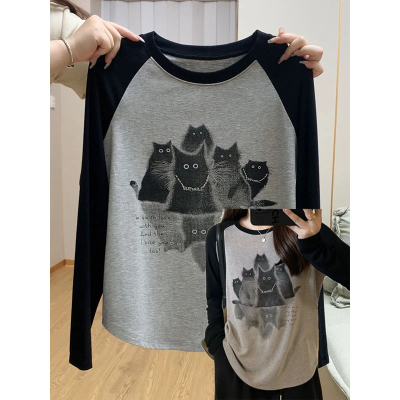 特大码200斤弧形下摆遮肚长袖t恤女春季插肩袖设计正肩独特打底衫