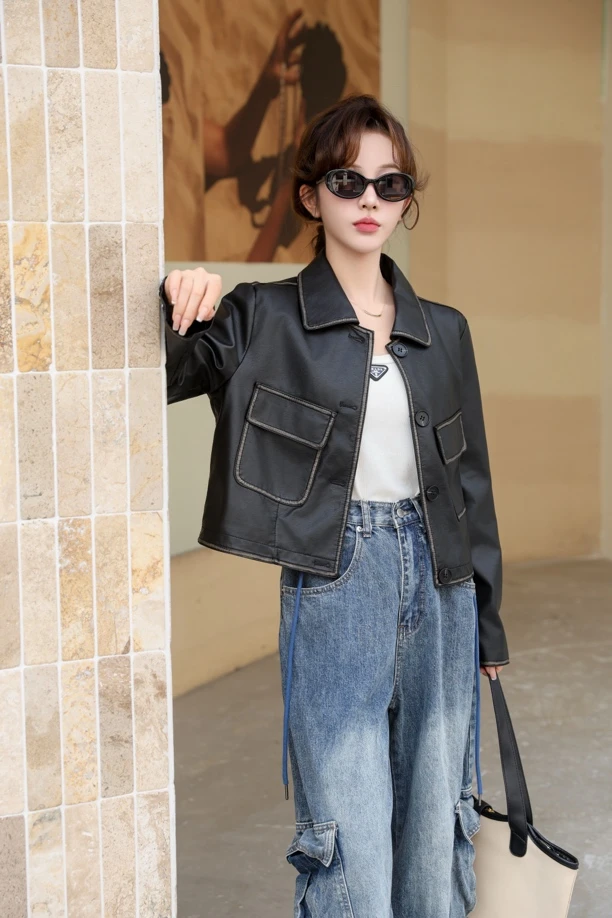 欧货翻领短款皮外套女2025春季新款高级感机车炸街小个2316