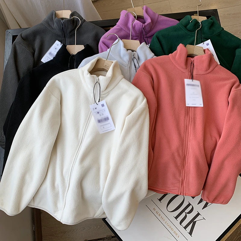 特价的U+ 女纯色百搭摇粒绒立领休闲运动外套冲锋衣内