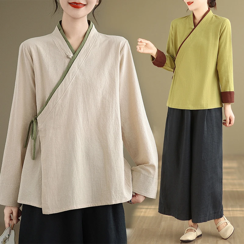 新款唐装汉服女中国风上衣棉麻茶艺师服装茶服居士服禅修服长袖秋