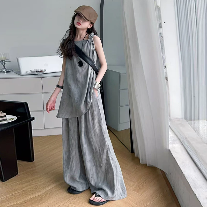 女童休闲无袖套装2025新款中大童慵懒风吊带上衣宽松阔腿裤两件套