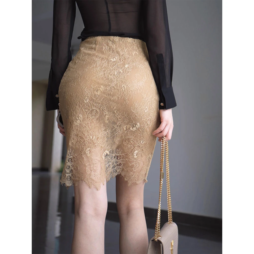 2025春夏新款气质高级感纯色轻薄微透微包臀鎏金女士蕾丝半身裙