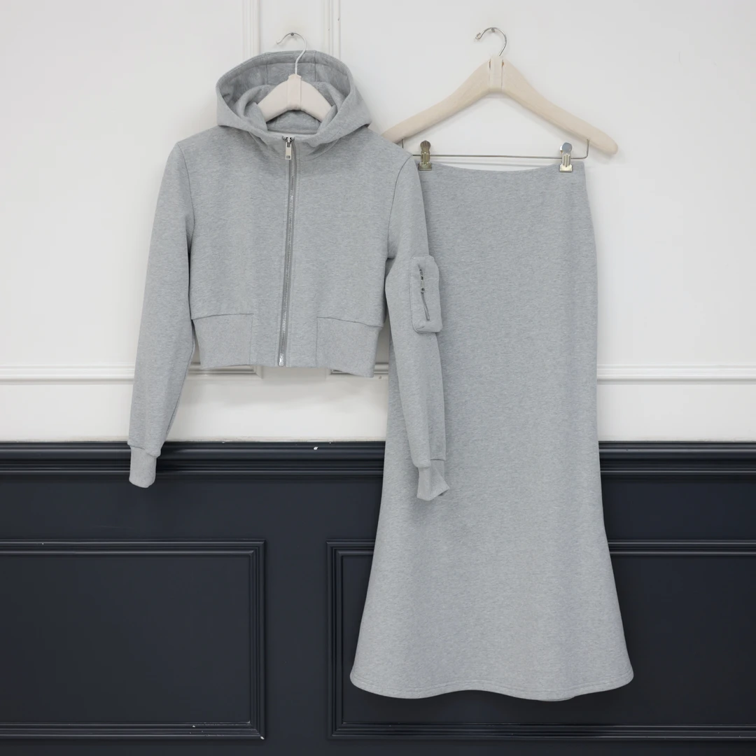 【壁虎姐】F240924秋冬新款 灰色拉链连帽长袖卫衣 鱼尾半裙套装