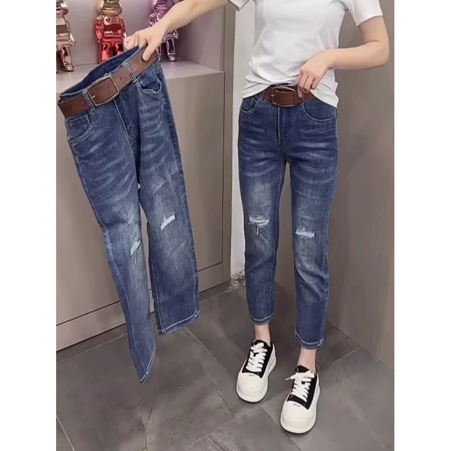 大码女装高腰假破洞直筒牛仔裤春季新款小个子复古窄版烟管裤子女