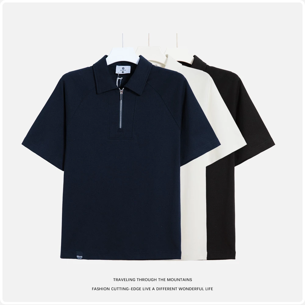 重磅半拉链短袖t恤男夏季2025新款翻领潮流纯色半袖POLO上衣