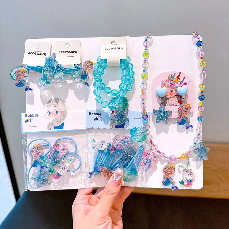 六一儿童美人鱼项链女童公主贝壳饰品小女孩串珠手链发夹耳夹套装