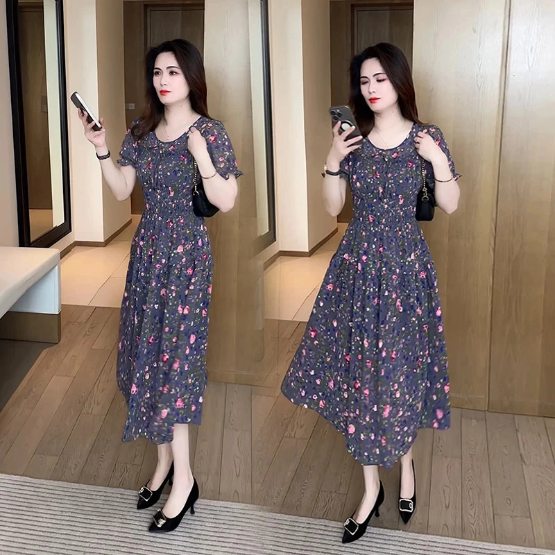 气质减龄2025夏季新款短袖收腰连衣裙妈妈洋气显瘦碎花过膝裙子女