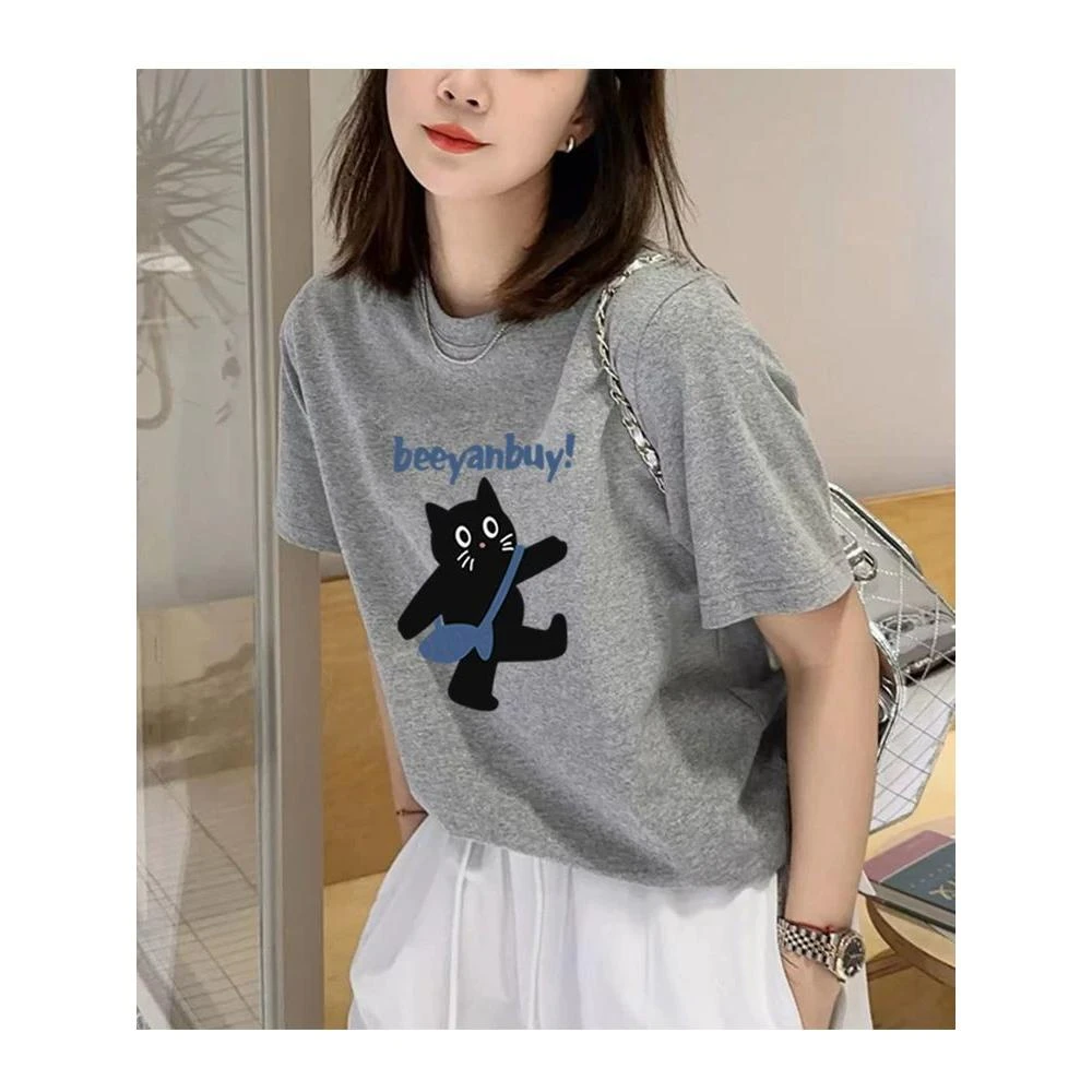 欧若风花灰色短袖宽松T恤女夏季新款气质服装春游夏天t恤上衣纯棉