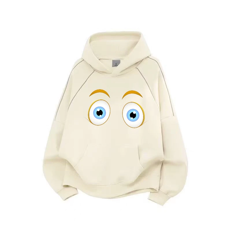 2025笑脸设计男女时尚同款带反光条拼接连帽口袋卫衣