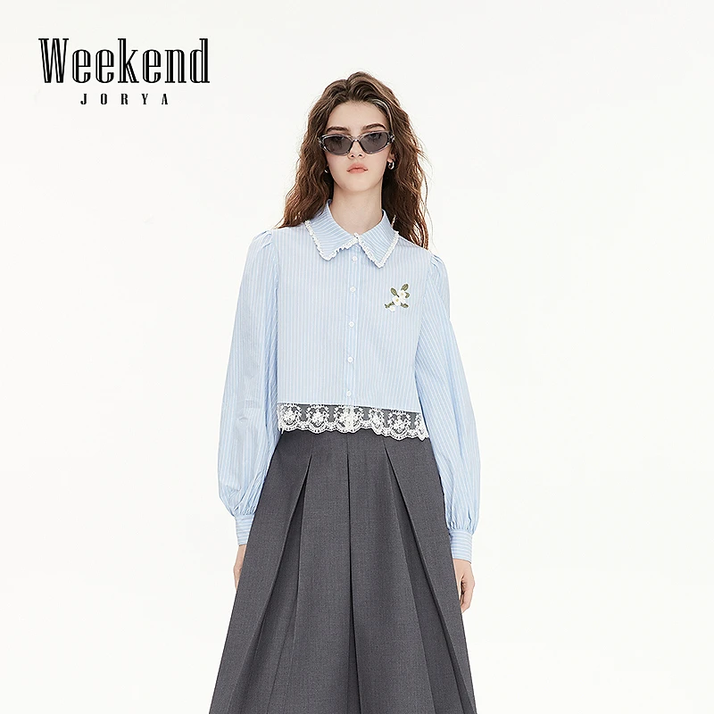 卓雅周末25春新款条纹翻领蕾丝边绣花雏菊钻饰截短女衬衫R201016C