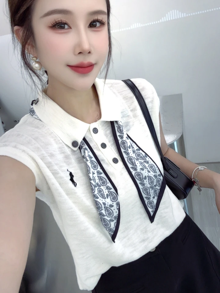 恰逢景梅子自留款宽松薄款时尚刺绣夏季飞飞袖翻领丝带冰丝衬衫