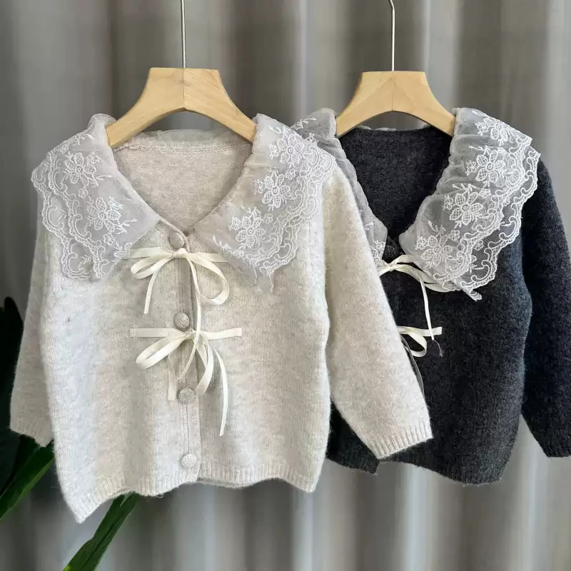 女童针织毛衣新款钩花洋气气质慵懒风童装儿童长袖秋冬外套开衫