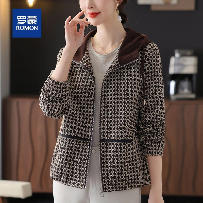罗蒙妈妈春秋装格子短款连帽外套女新款时尚韩版休闲百搭中年上衣