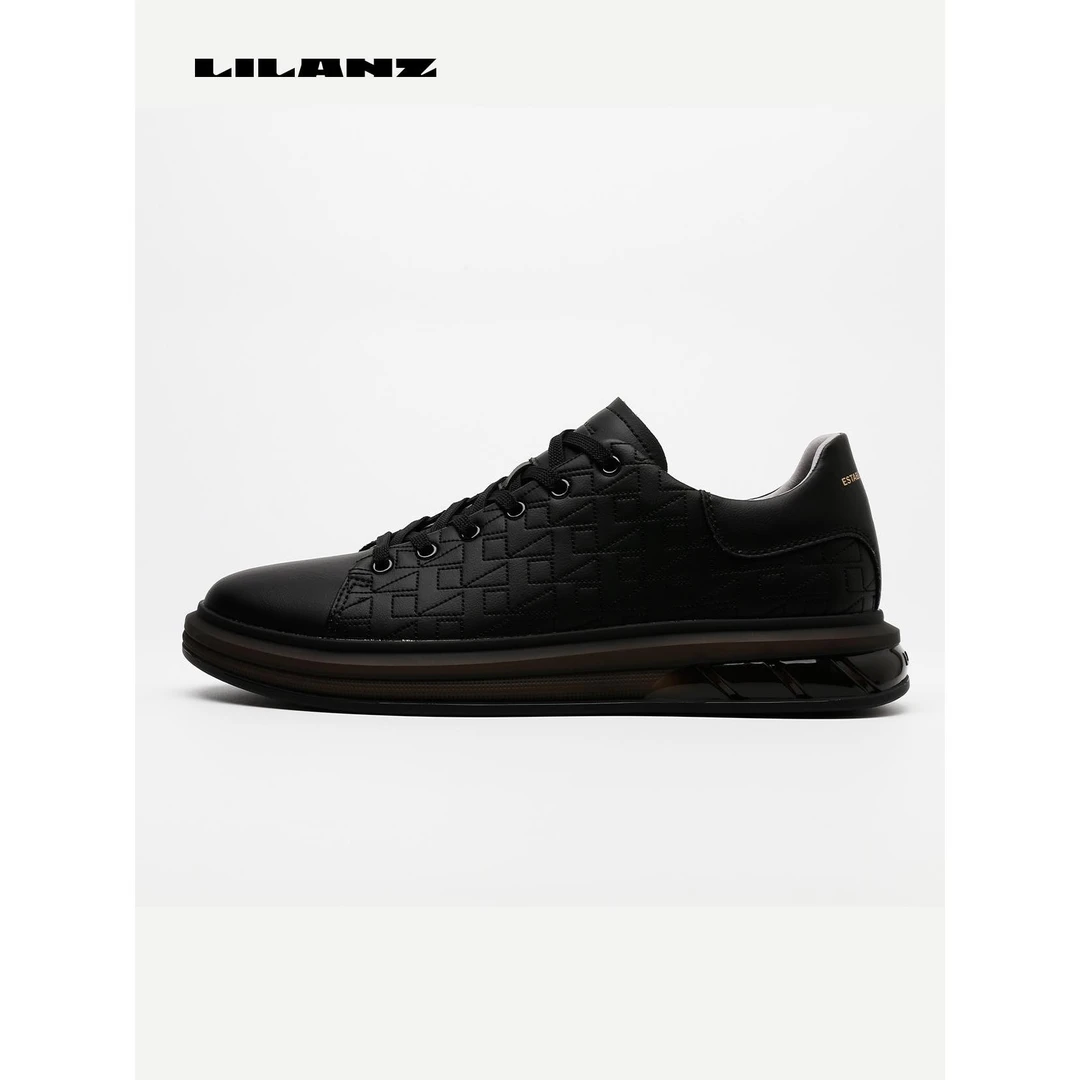 利郎男鞋黑色真皮厚款百搭休闲轻运动风厚款厚底增高休闲板鞋