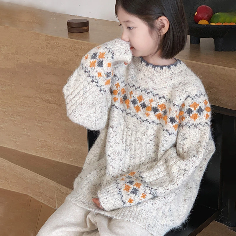女童费尔岛毛衣儿童复古加厚冬季保暖上衣女孩打底韩版慵懒针织衫