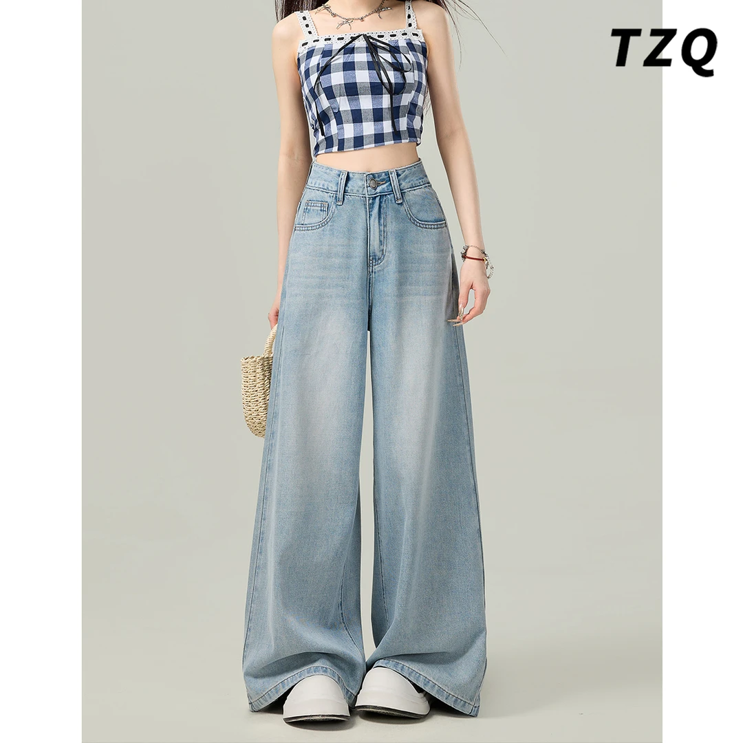 浅蓝色垂感阔腿牛仔裤女2025夏季薄款高腰简约风直筒裤TZQ2542221