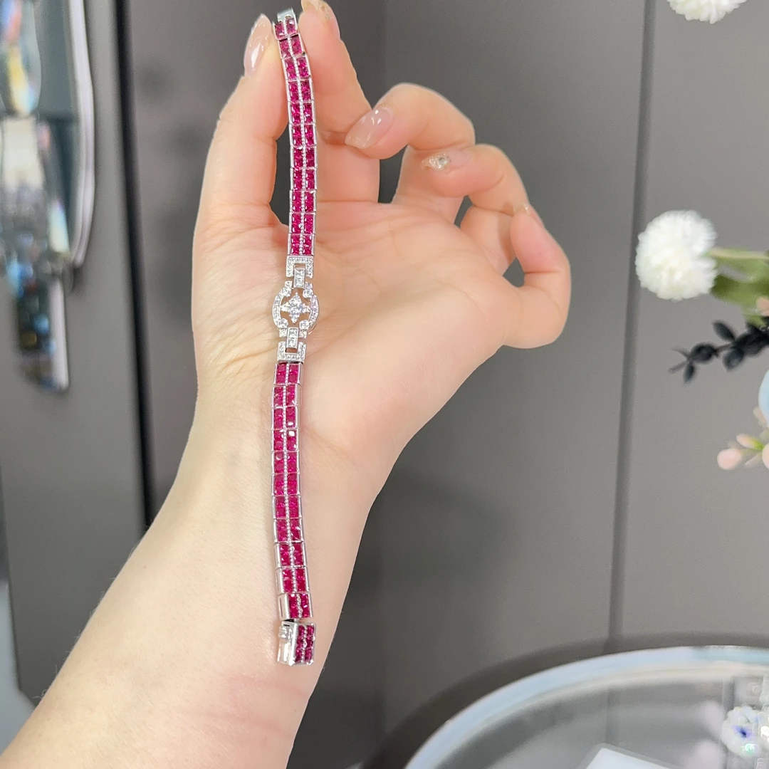 培育红宝石时尚高奢隐蔽式镶嵌豪华培育红宝石手链Y439