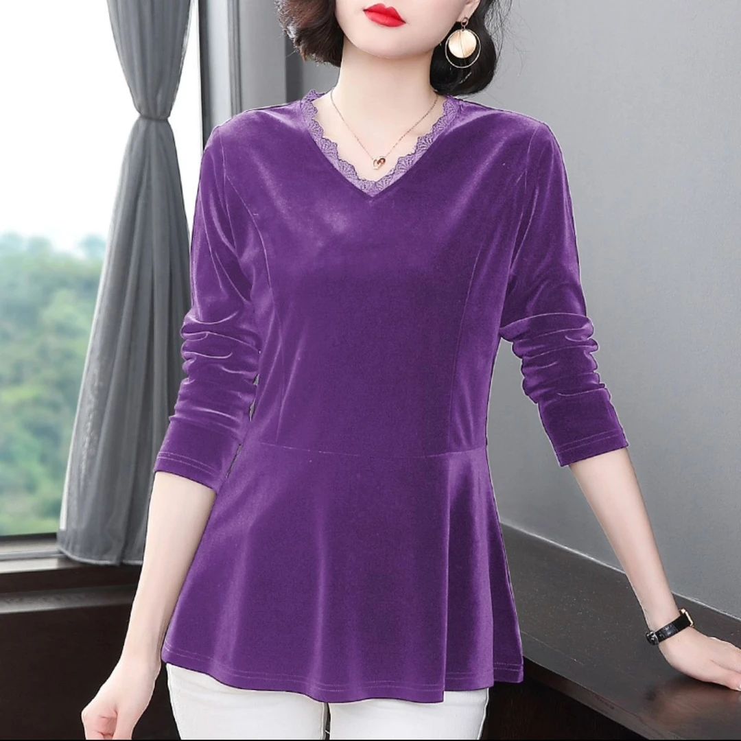 高端金丝绒上衣女装春秋新款洋气大码蕾丝中长款打底衫百搭修身女