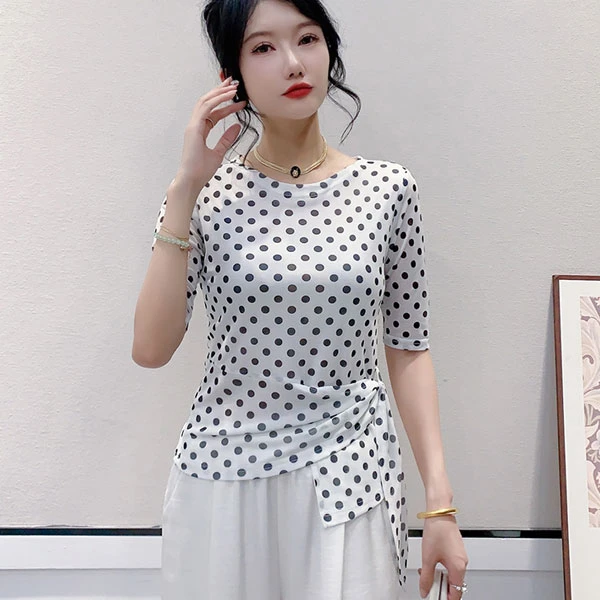 波点中袖上衣女2025夏季韩版时尚收腰圆领T恤百搭显瘦洋气小衫潮