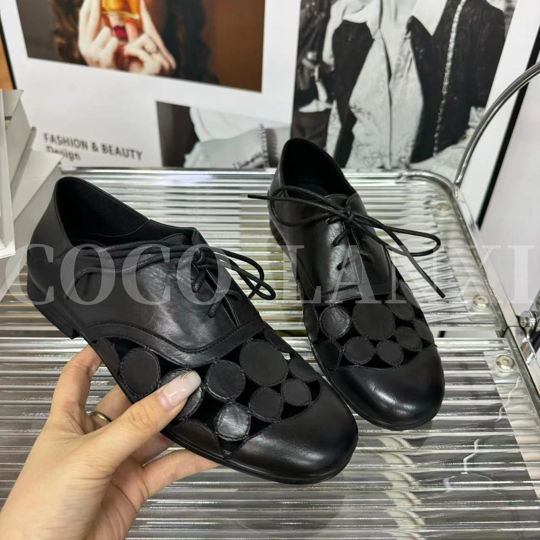 【COCO LANXI】时尚女士黑色镂空粗跟平底系带包头乐福鞋25LF023LX