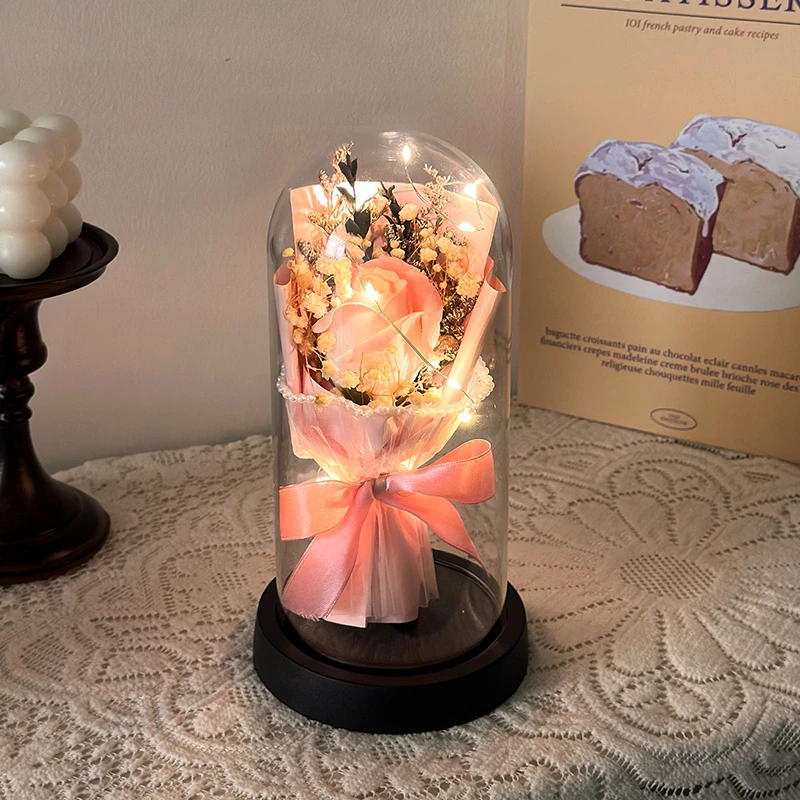 仿真永生花玫瑰高级摆件发光灯罩生日礼物送女友老婆老师情人节