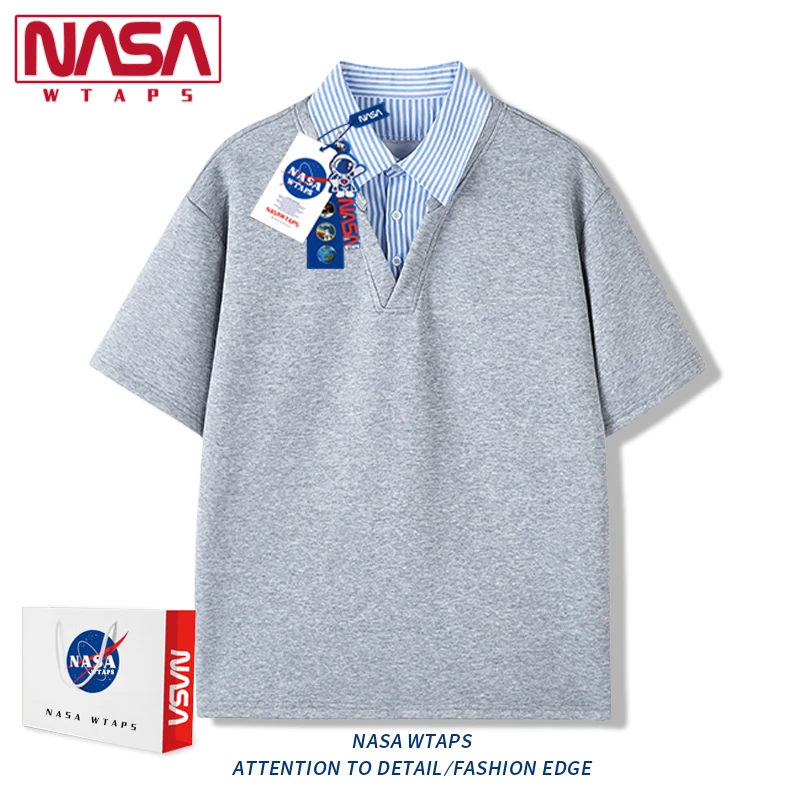NASA WTAPS小众设计感假两件t恤男款拼接翻领短袖高级痞帅宽松T恤