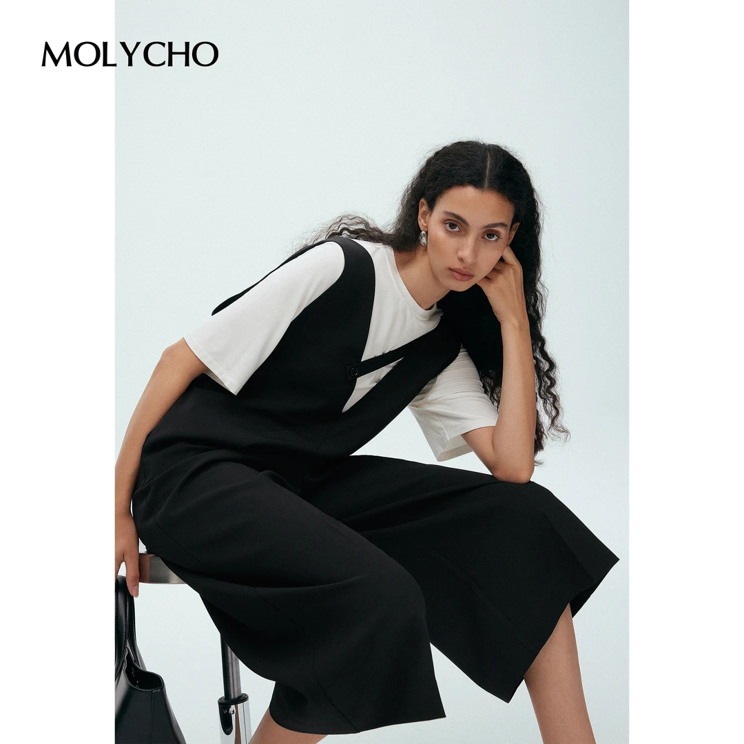 MOLYCHO｜松弛感B入_深V胸袢背心式连体裤女 宽松七分裤+背带裤