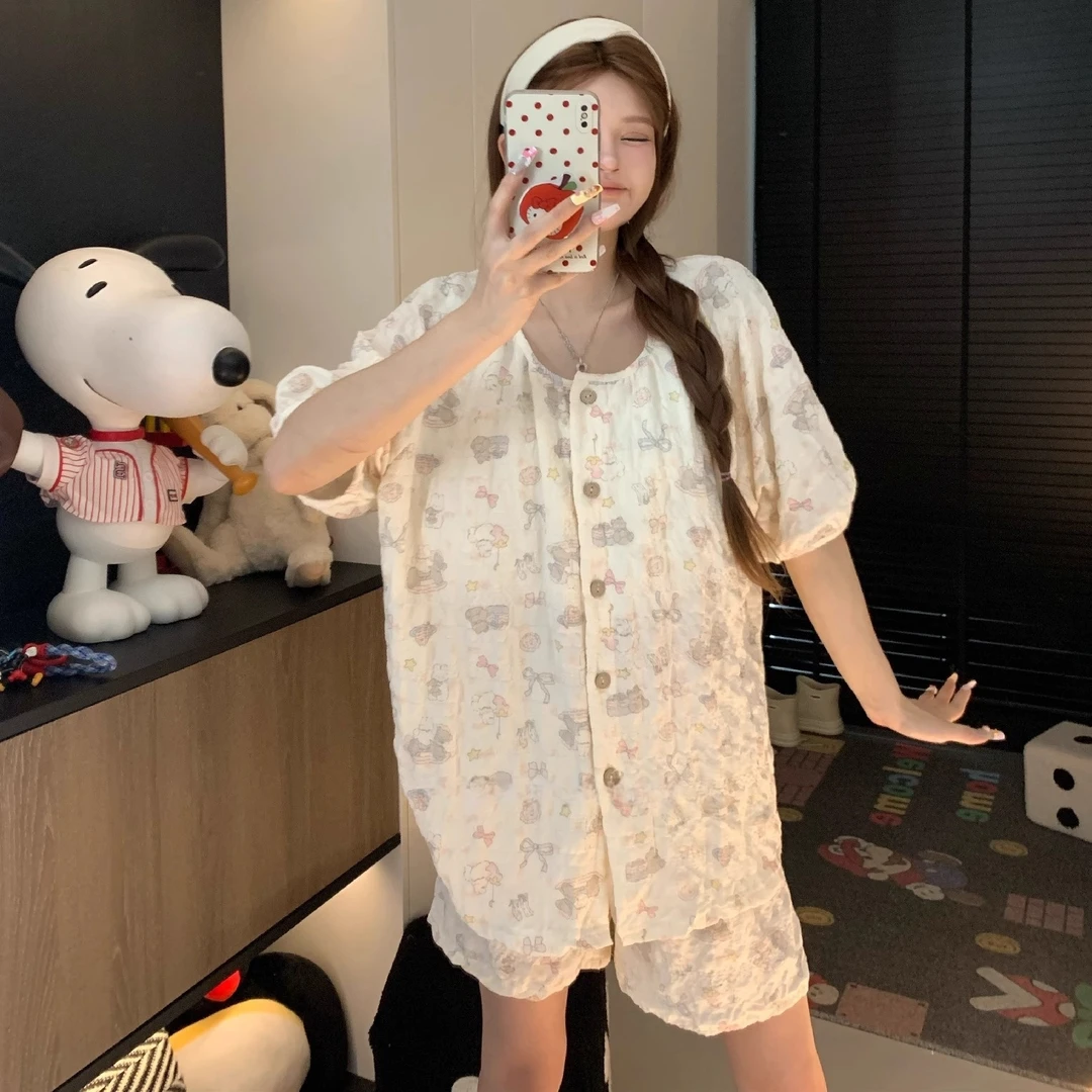 夏季云朵泡泡棉短袖睡衣女卡通宽松圆领小羊甜美可爱家居服可外穿