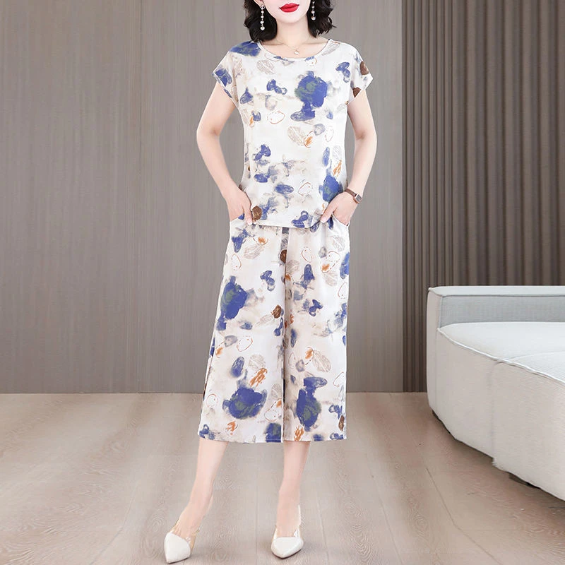 棉绸套装女时尚洋气夏季大码宽松休闲圆领人造棉短袖阔腿裤两件套