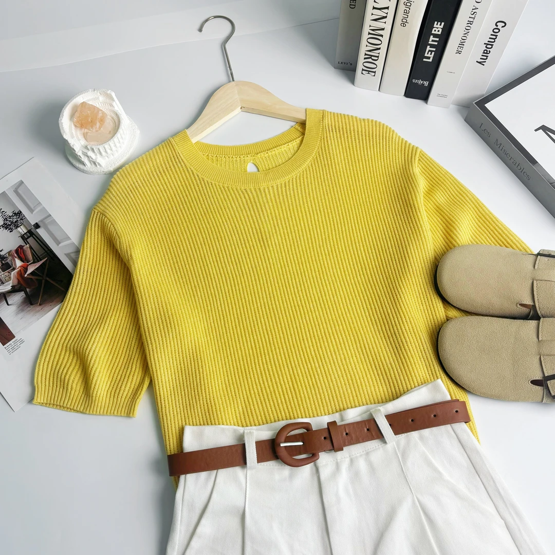 玲姐定制-圆领纯色微镂空设计感针织短袖121820