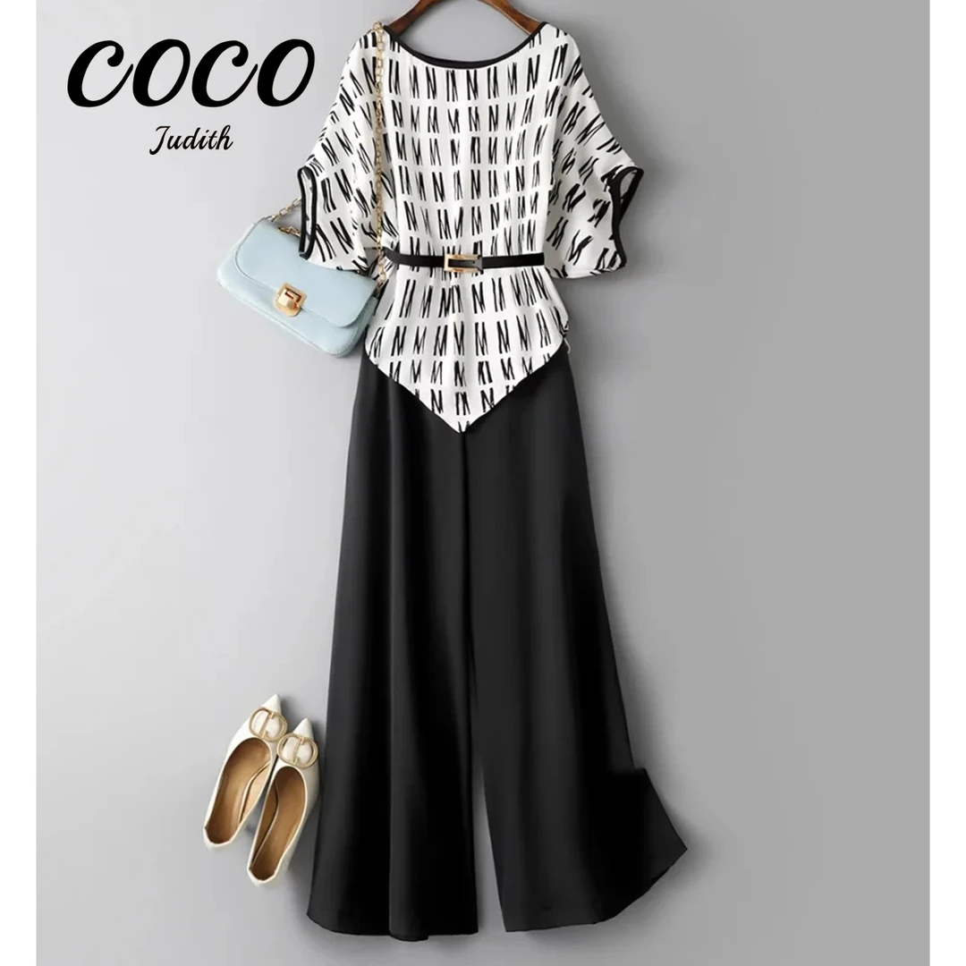 【RG6878】2025夏季新款百搭减龄通勤短袖上衣阔腿裤显瘦套装