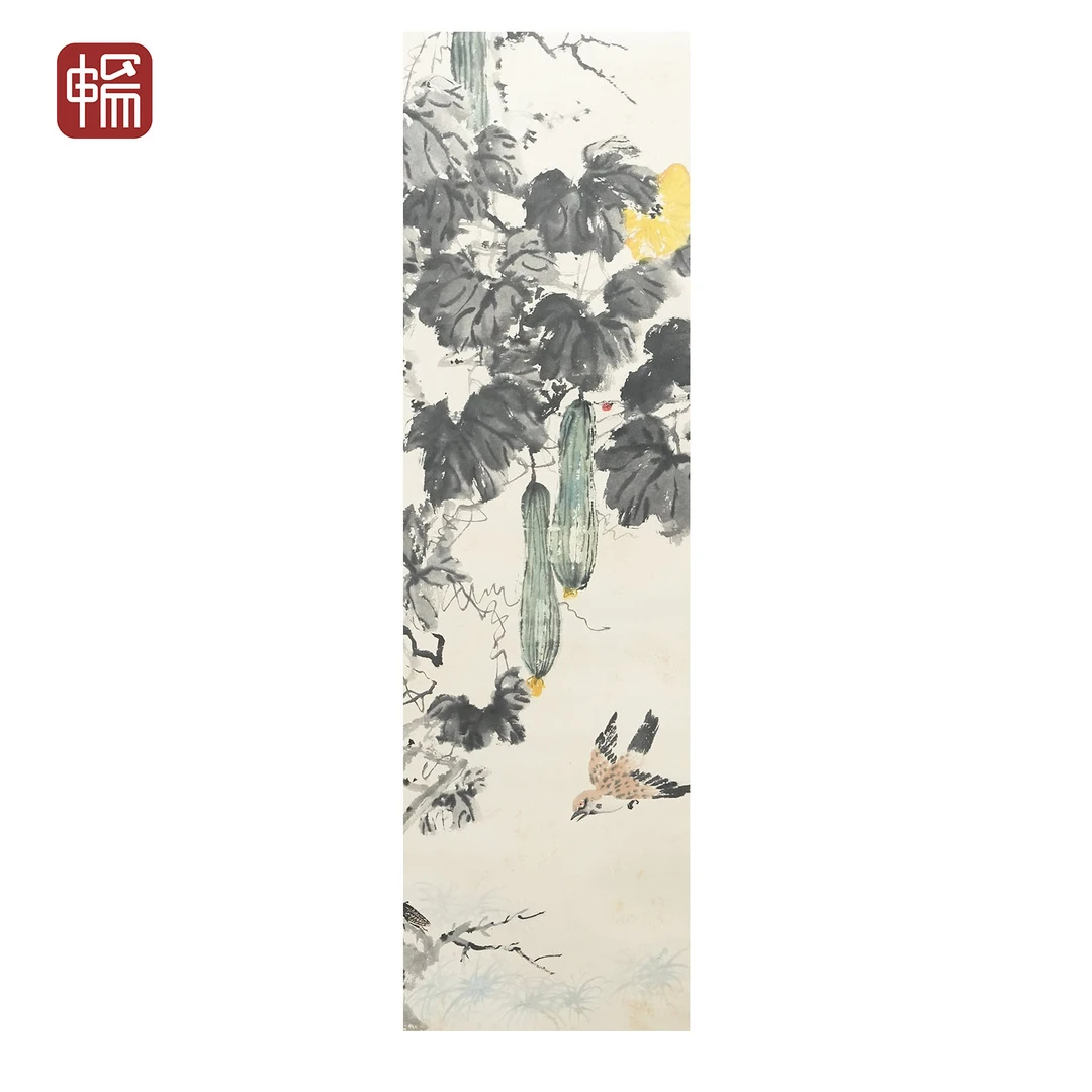 T637 近现代《丝瓜禾雀 》唐侠尘104*33(3.09) 纸本立轴 FL