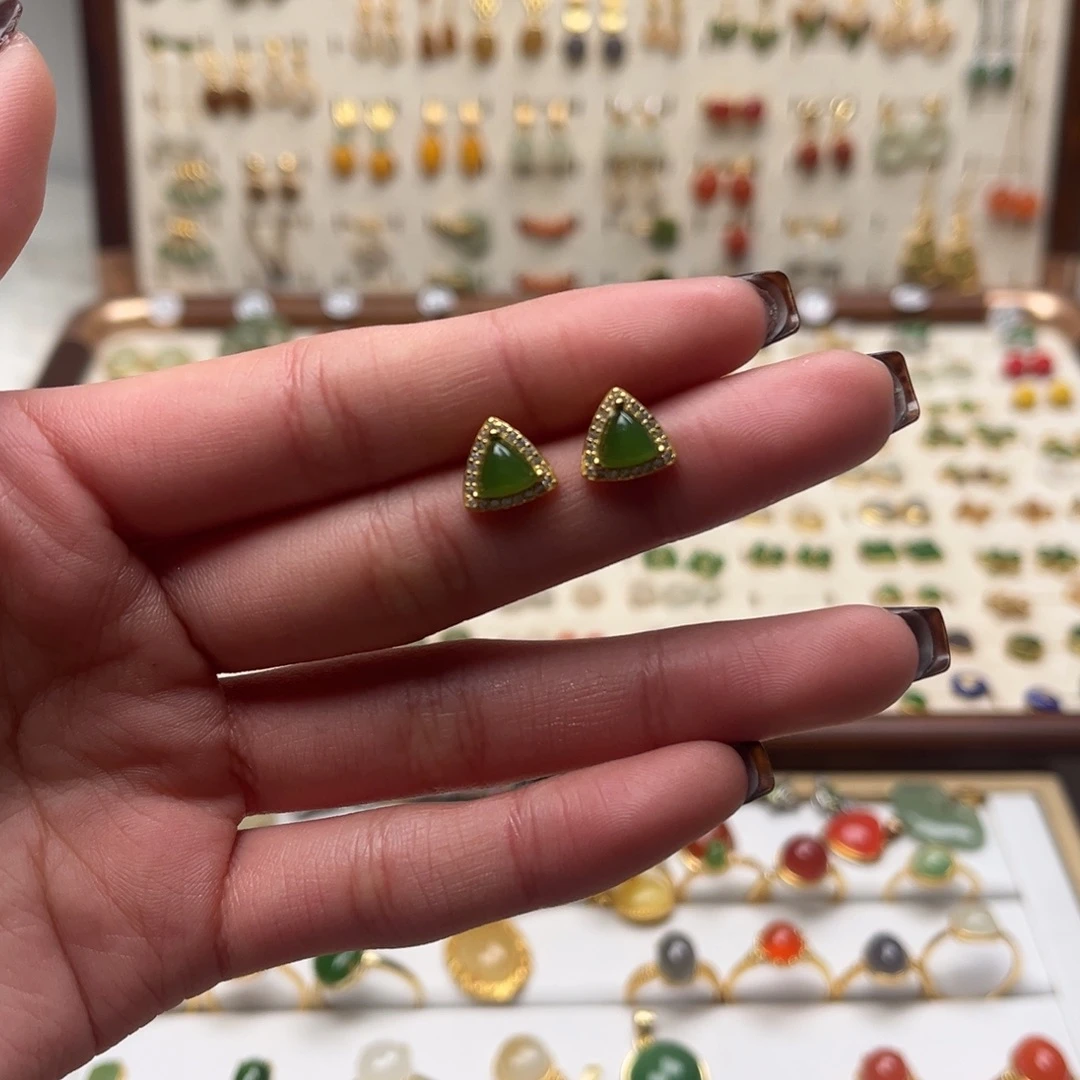 和田玉银S925镀金镶嵌耳坠