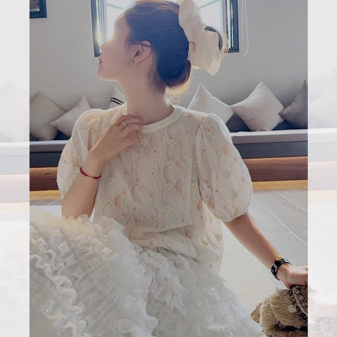 莉贝琳sisy小衫女重工蕾丝刺绣短袖百搭圆领全棉上衣S25103LS10