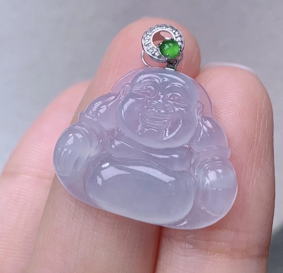 缅甸翡翠A货老坑18k冰种淡紫佛公吊坠坐佛挂件揭阳精品24.5*20*4