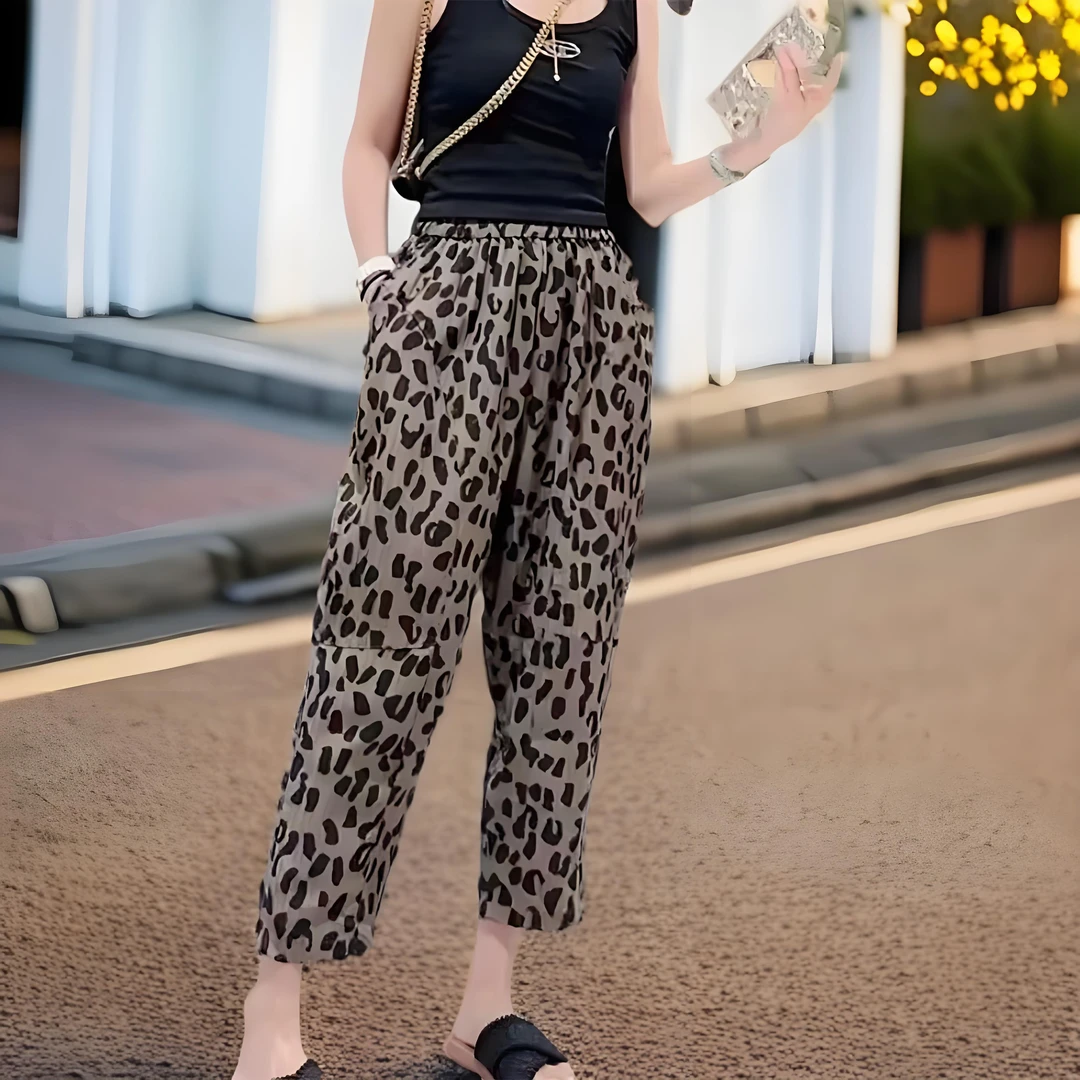 豹纹休闲裤萝卜裤哈伦九分裤女夏季新款宽松松紧高腰显瘦灯笼裤潮