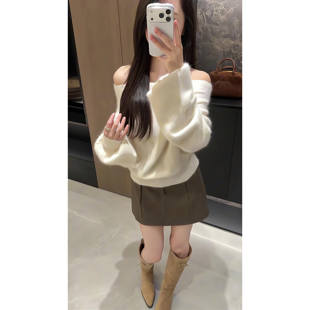法式高级感软糯毛衣宽松长袖一字肩上衣a字半身裙包臀裙子短裙女