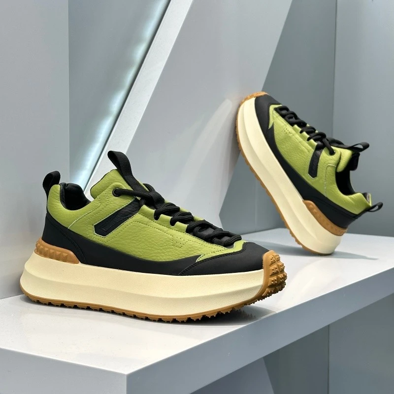 男鞋秋季2025新款皮面休闲低帮软底软底厚底运动系带潮牌老爹鞋男