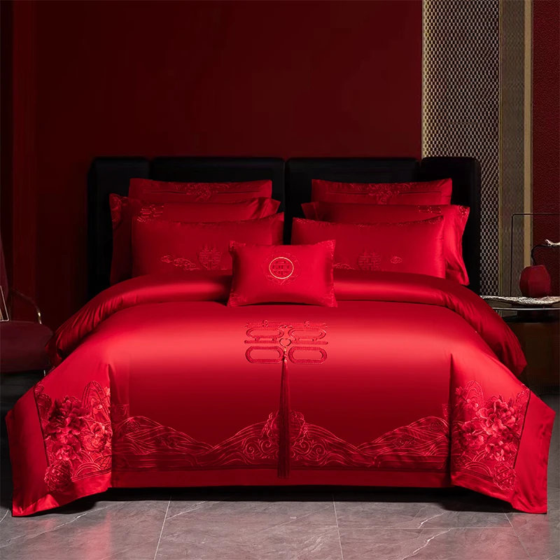 水星高端系列家纺中式结婚四件套红色纯棉全棉被套床单100支长绒
