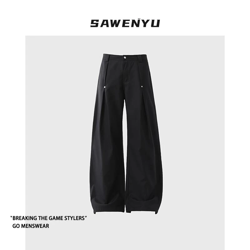 SAWENYU潮牌男女穿搭春季新款弯刀宽松西裤铆钉staythe弯刀裤男生