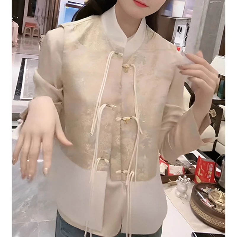 新中式国风漂亮套装女春秋高级感重工刺绣衬衣盘扣立领马甲两件套