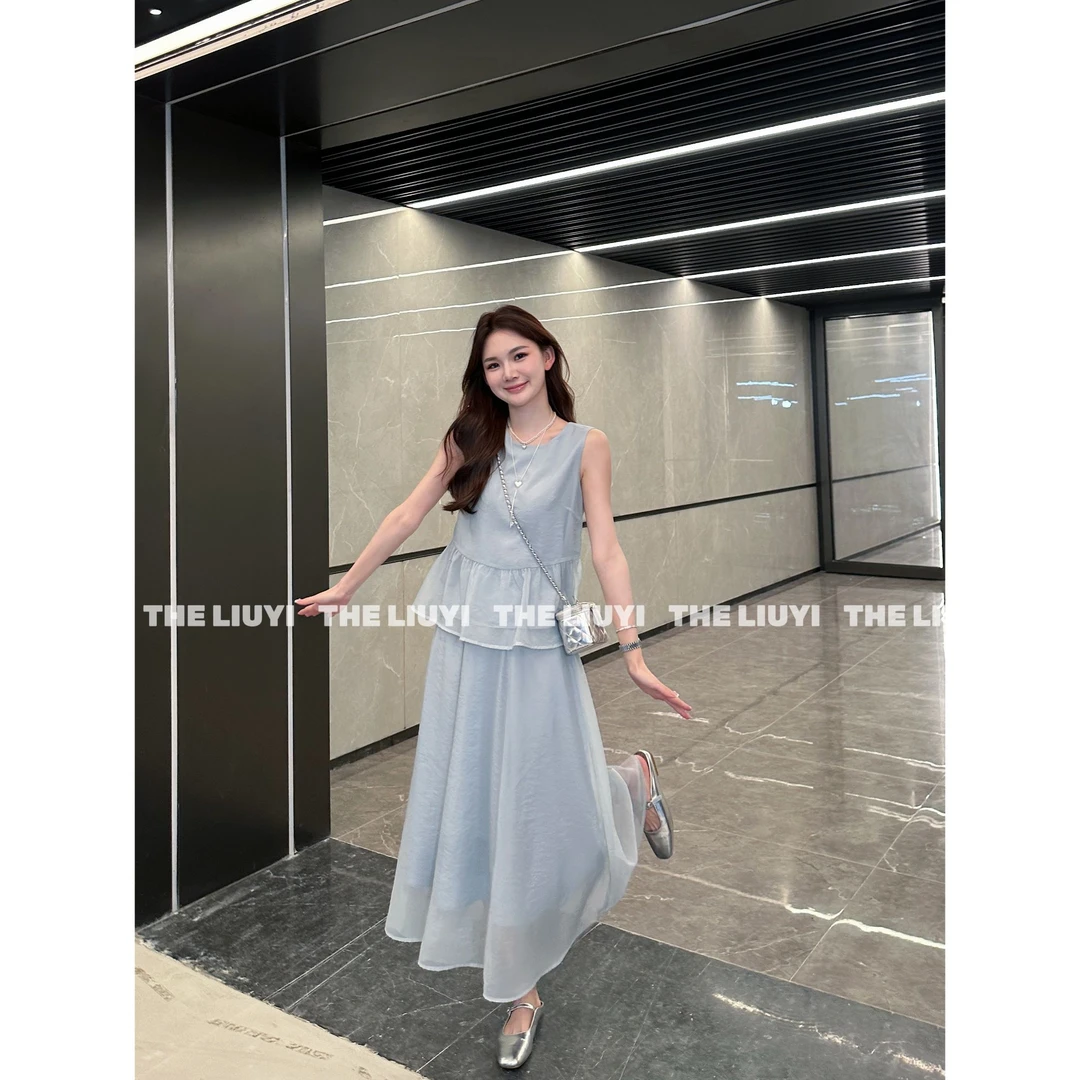【LIUYI】悠然套装~新款气质温柔蓝色无袖上衣半身裙两件套56033