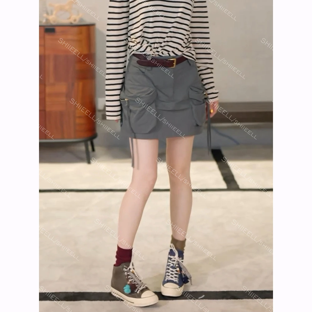 SHIIEELL机能风定染灰棉感半身裙女秋冬新款大口袋半身短裙Z1813