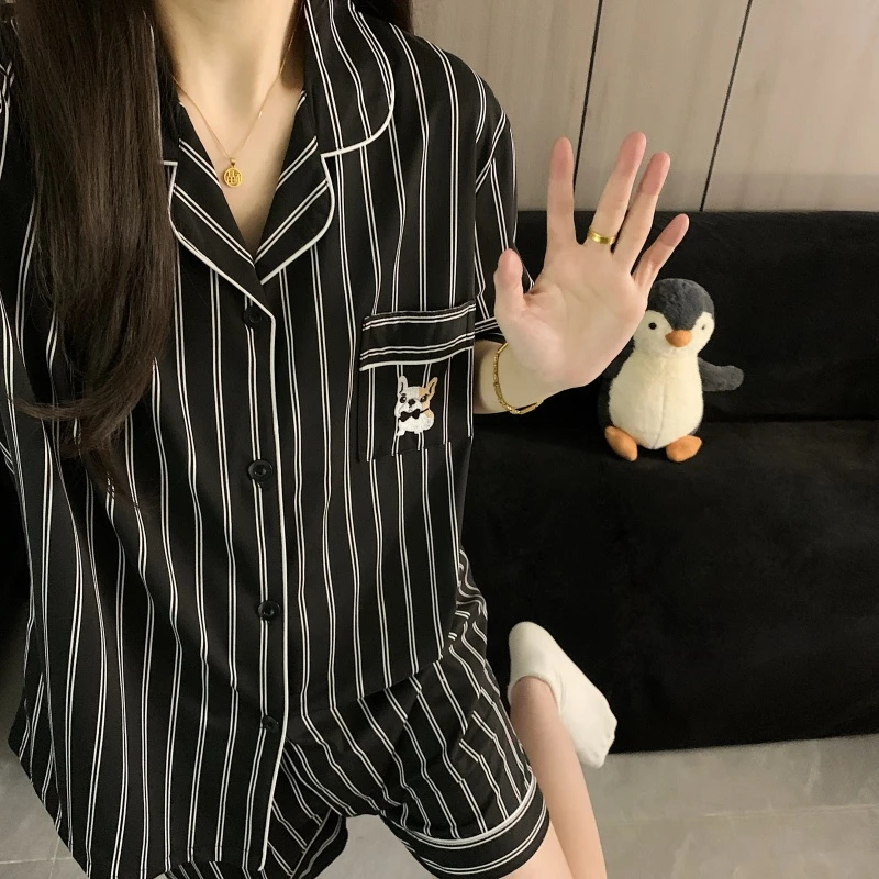 情侣男女款条纹大码睡衣短袖三件套薄款夏季新款家居服休闲套装