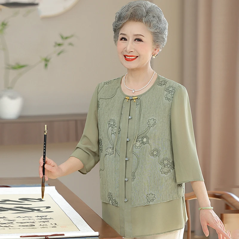 气质妈妈夏季雪纺小衫宽松上衣2025新款假两件中老年女装新款衬衫