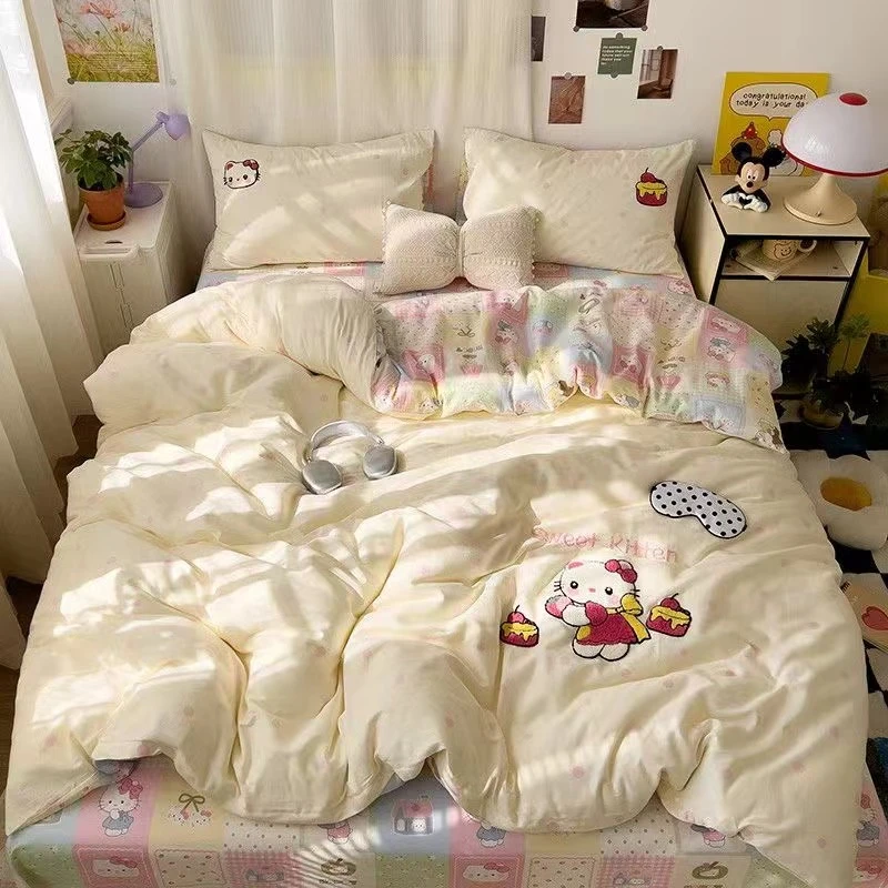 美玲 蛋糕猫咪 全棉刺绣印花三件套四件套简约小清新韩版学生宿舍