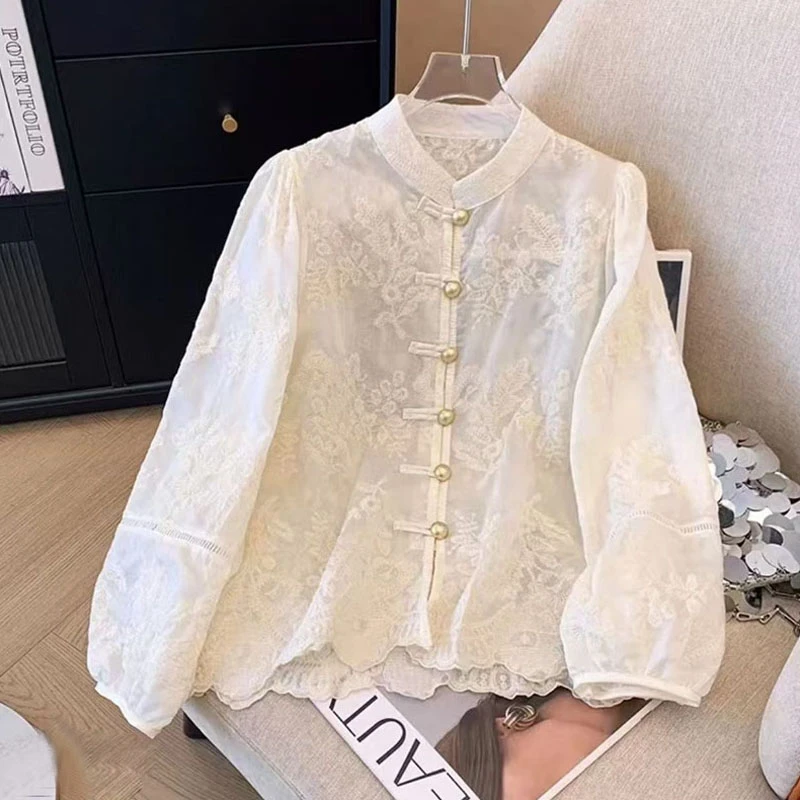 气质显瘦绣花蕾丝盘扣新中式衬衫女2025夏季单排扣长袖小衫上衣
