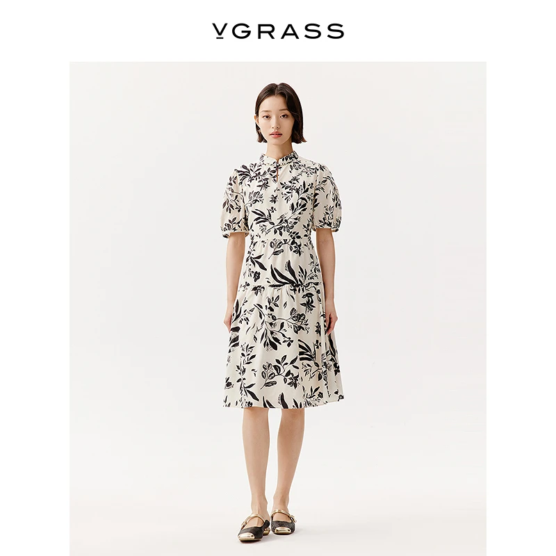 【晨粉专享】VGRASS印花棉府绸A型连衣裙25年夏季新款VSL2Q2555D